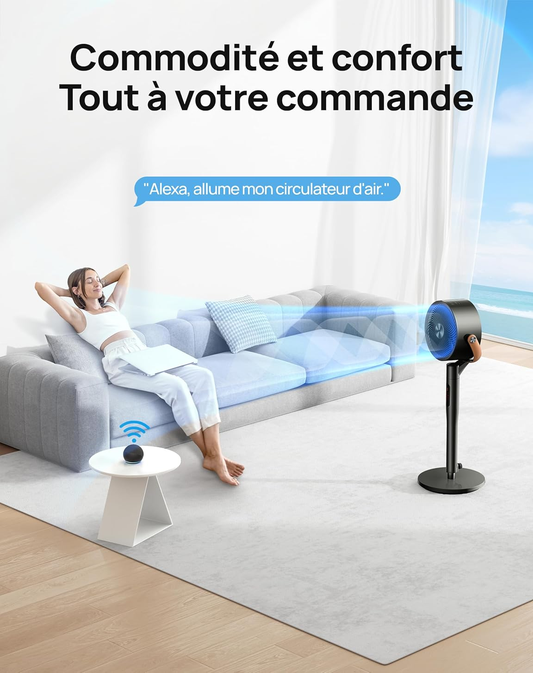 DREO Ventilador de Pedestal Inteligente, 25dB Silencioso, Flujo de Aire de 7.5 m/s, Alcance de 30 m, Oscilación de 120° + 105°, con Mando a Distancia, 6 Modos, 8 Velocidades, Temporizador de 12 h, Compatible con Alexa, Negro