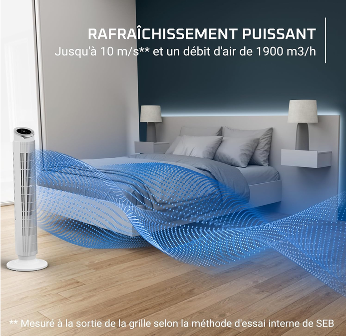 Rowenta Eole Silence Force Ventilateur Colonne, 1900 m³/h, Jusqu'à 10 m/s, Silencieux 22 dB(A), Moteur Effitech, 8 Vitesses, 4 Modes, Oscillation 90°, Télécommande, VU7025F0