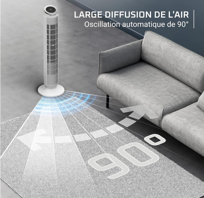 Rowenta Eole Silence Force Ventilateur Colonne, 1900 m³/h, Jusqu'à 10 m/s, Silencieux 22 dB(A), Moteur Effitech, 8 Vitesses, 4 Modes, Oscillation 90°, Télécommande, VU7025F0