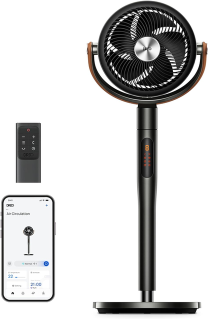 DREO Smart Ventilateur sur Pied 25dB Silencieux, Flux d'air 7.5 m/s, Portée de 30 m, Oscillation à 120° + 105°, avec Télécommande, 6 Modes, 8 Vitesses, Minuterie 12 h, Compatible avec Alexa, Noir