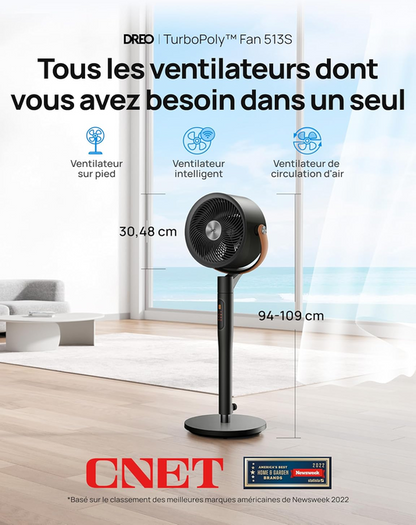 DREO Smart Ventilateur sur Pied 25dB Silencieux, Flux d'air 7.5 m/s, Portée de 30 m, Oscillation à 120° + 105°, avec Télécommande, 6 Modes, 8 Vitesses, Minuterie 12 h, Compatible avec Alexa, Noir