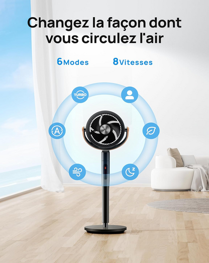 DREO Smart Ventilateur sur Pied 25dB Silencieux, Flux d'air 7.5 m/s, Portée de 30 m, Oscillation à 120° + 105°, avec Télécommande, 6 Modes, 8 Vitesses, Minuterie 12 h, Compatible avec Alexa, Noir