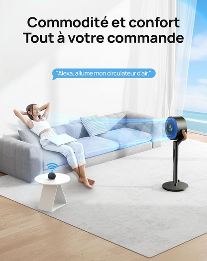 DREO Smart Ventilateur sur Pied 25dB Silencieux, Flux d'air 7.5 m/s, Portée de 30 m, Oscillation à 120° + 105°, avec Télécommande, 6 Modes, 8 Vitesses, Minuterie 12 h, Compatible avec Alexa, Noir