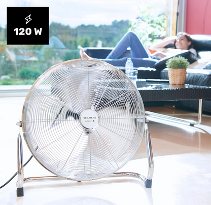 Taurus Sirocco 18 - Ventilateur de sol 120W, 3 vitesses, silencieux, 3 hélices métalliques / 45 cm de diamètre, inclinaison réglable, grille amovible, base antidérapante
