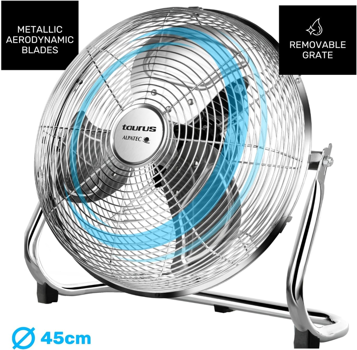 Taurus Sirocco 18 - Ventilateur de sol 120W, 3 vitesses, silencieux, 3 hélices métalliques / 45 cm de diamètre, inclinaison réglable, grille amovible, base antidérapante