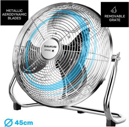 Taurus Sirocco 18 - Ventilateur de sol 120W, 3 vitesses, silencieux, 3 hélices métalliques / 45 cm de diamètre, inclinaison réglable, grille amovible, base antidérapante
