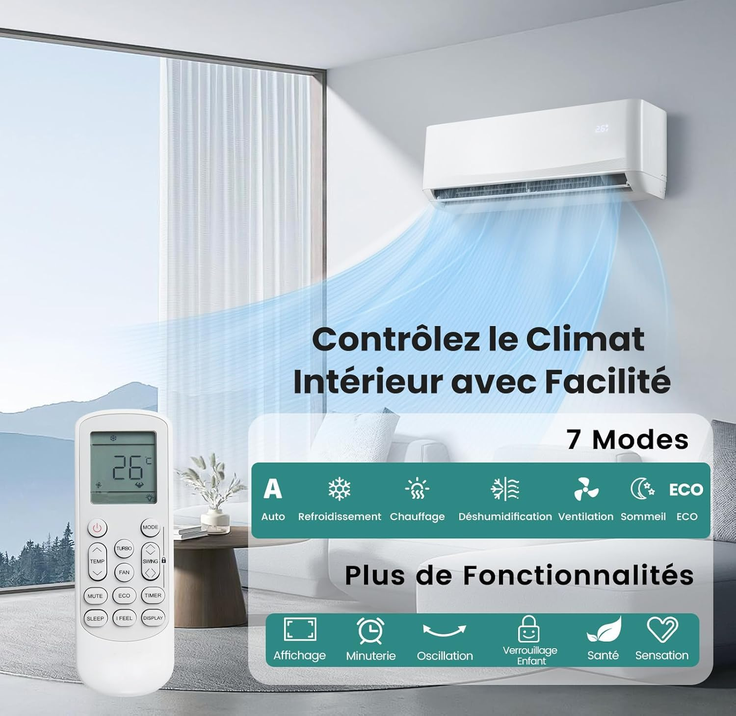 RELAX4LIFE Climatiseur Mural Reversible 12000 BTU | Clim Reversible Prêt à Poser | Pompe à Chaleur | Système Inverter Eco | Climatisation Split Silencieuse | 7 Modes 8 Vitesses | Tout Inclus [Classe énergétique A++