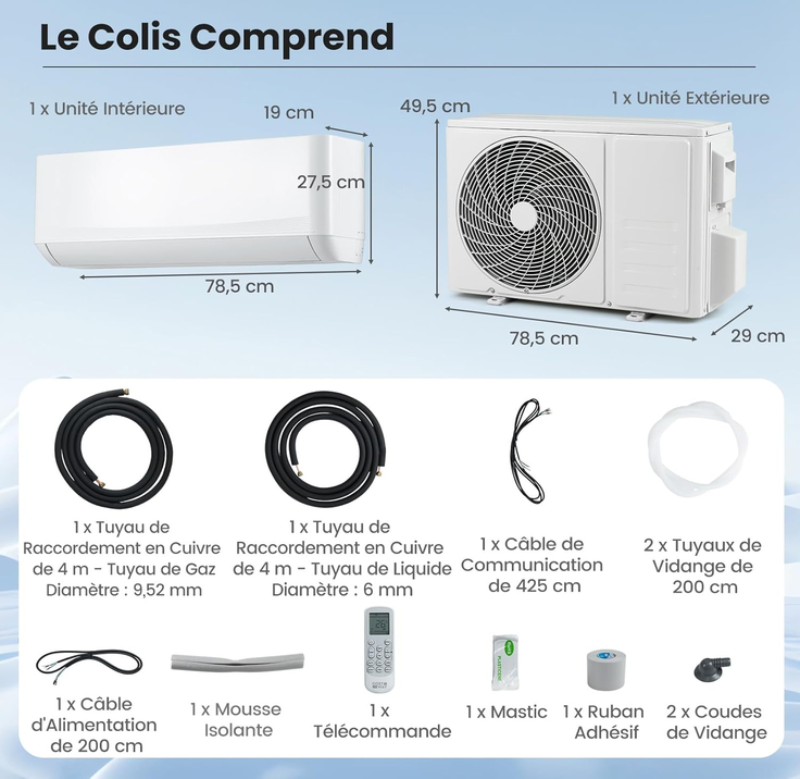 RELAX4LIFE Climatiseur Mural Reversible 12000 BTU | Clim Reversible Prêt à Poser | Pompe à Chaleur | Système Inverter Eco | Climatisation Split Silencieuse | 7 Modes 8 Vitesses | Tout Inclus [Classe énergétique A++