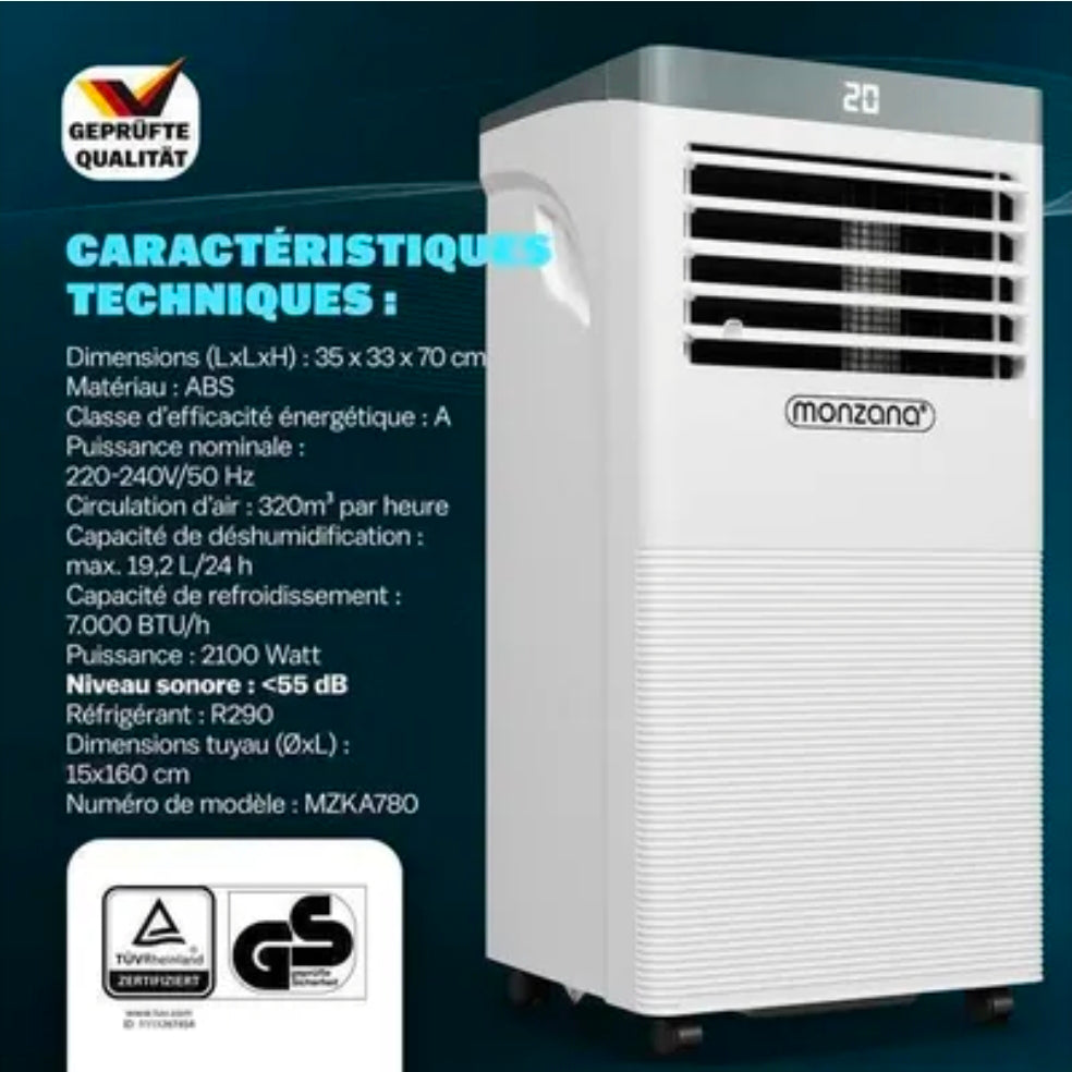 Climatiseur Mobile Monzana® 7000 BTU - 25m² - Silencieux, Refroidissement Efficace